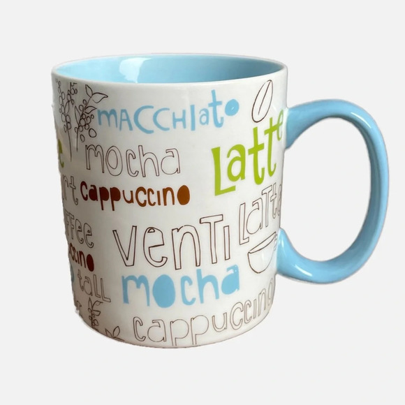 Starbucks Coffee Mug 16 oz. White Blue Coffee Culture Theme Script Latte - Picture 2 of 10